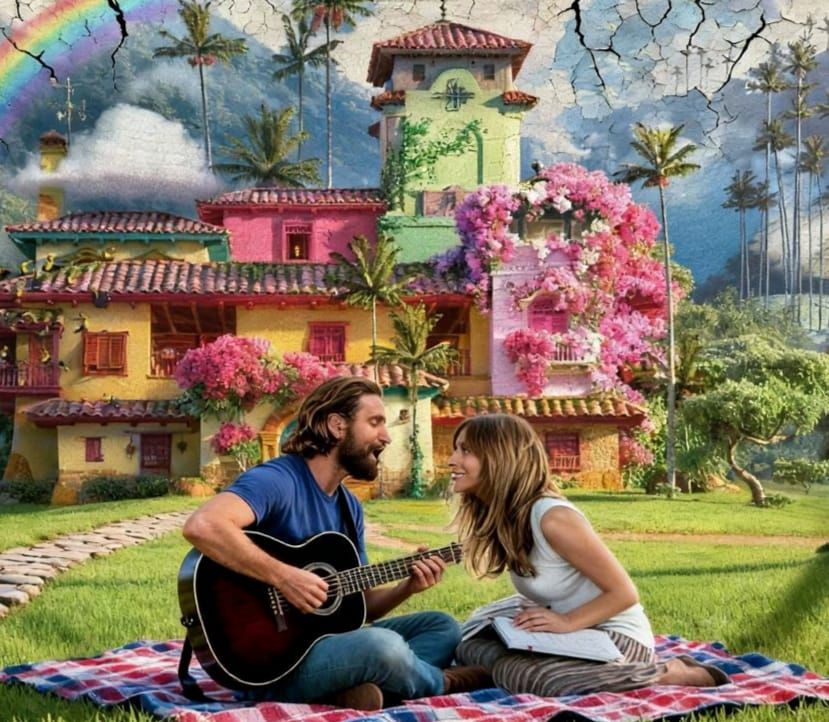 Couple Sings by Colorful Casita in South America