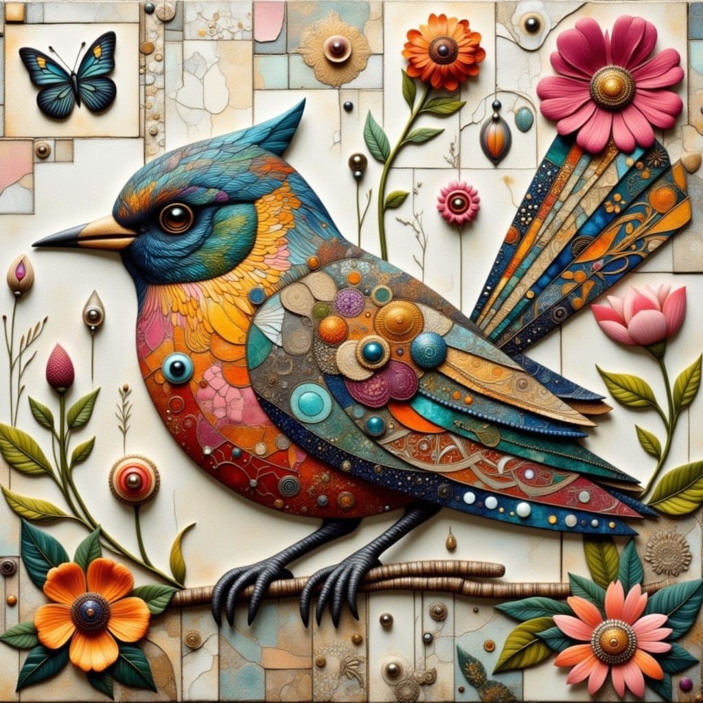 Whimsical Patchwork Songbird Illustration with Mixed Media B...