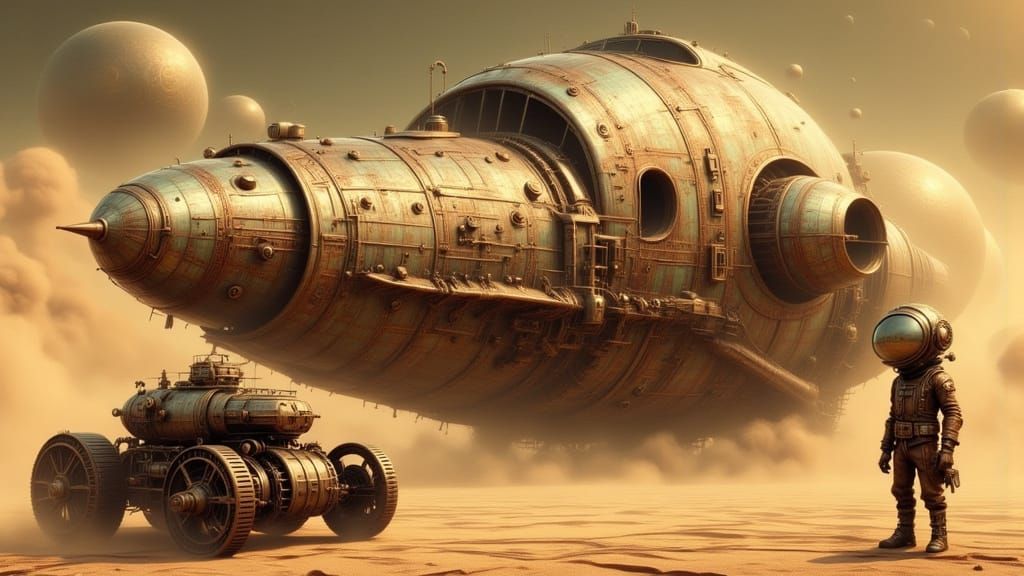 Steampunk Astronaut Inspects Desert Spaceship Wreck