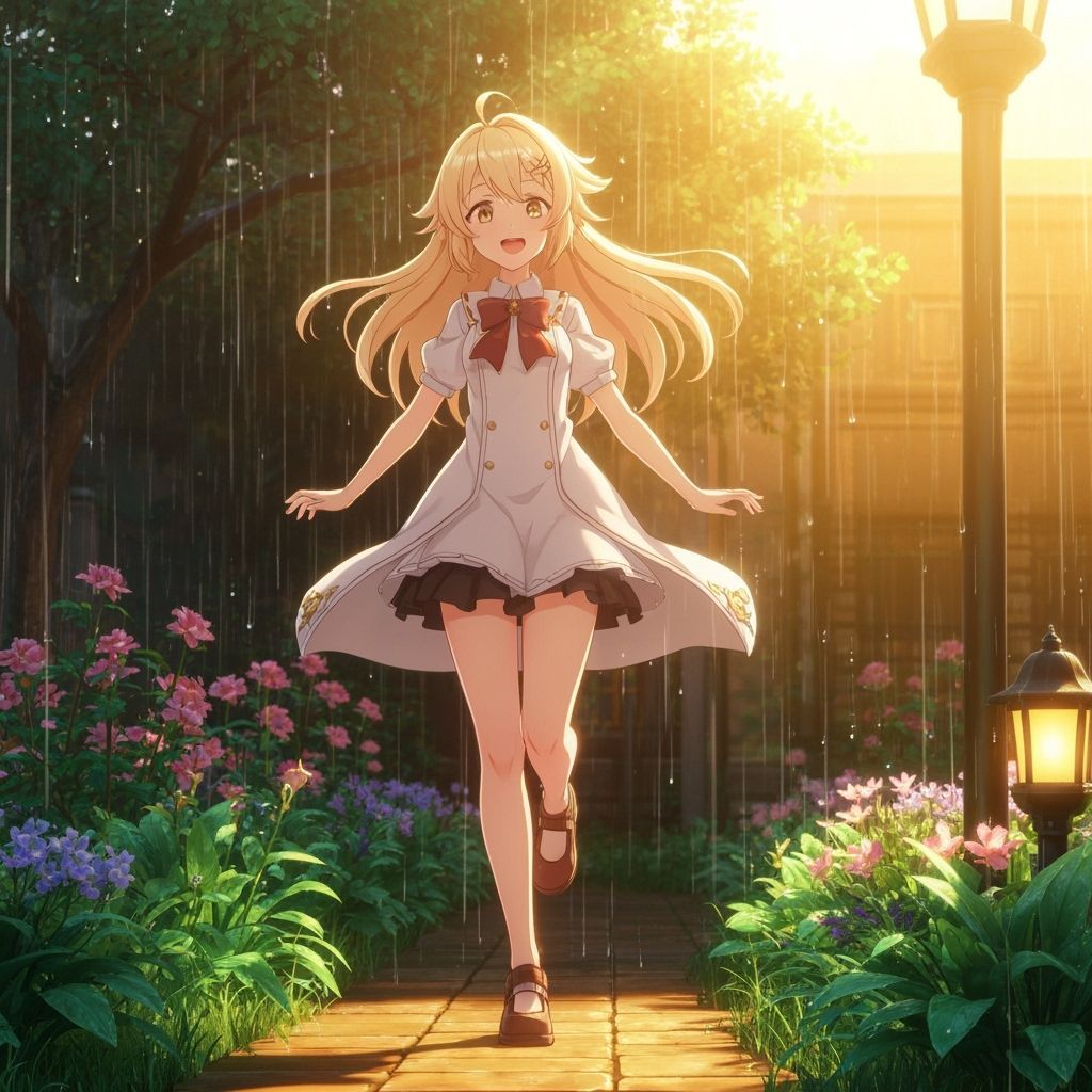 Woman Dancing in Rain, Golden Light, 3D Anime Art