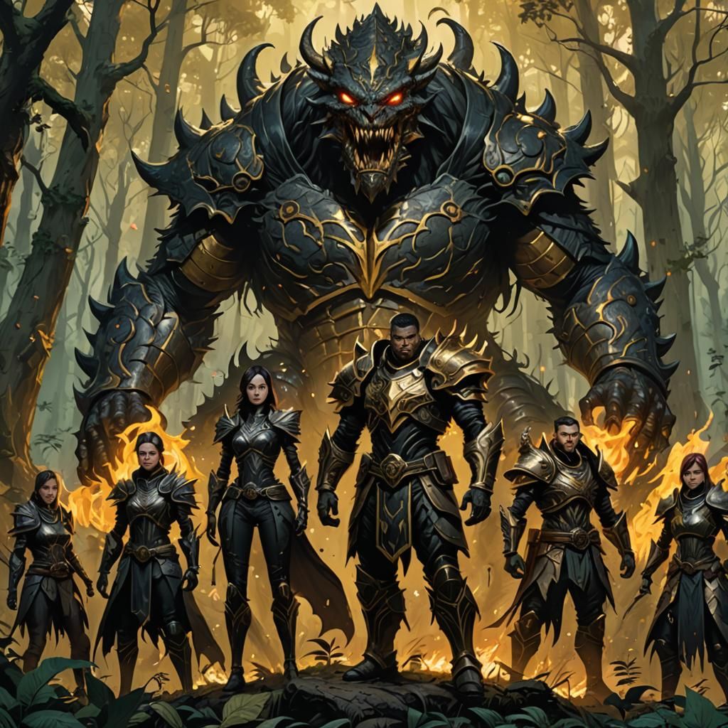 Heroes Face a Giant Monster in Forest, Magic-Style