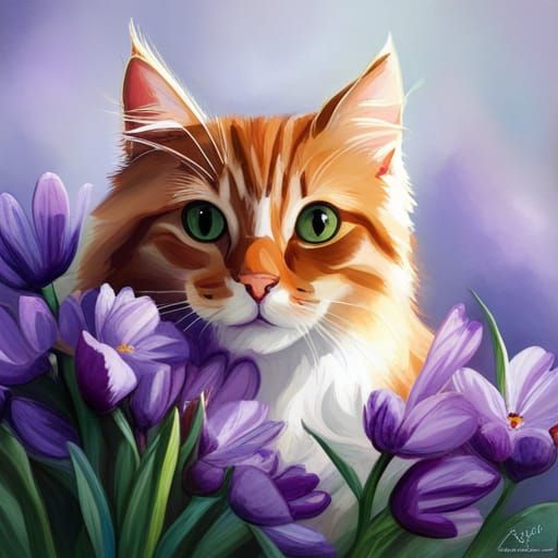 Cat Relaxing in a Purple Flower Field