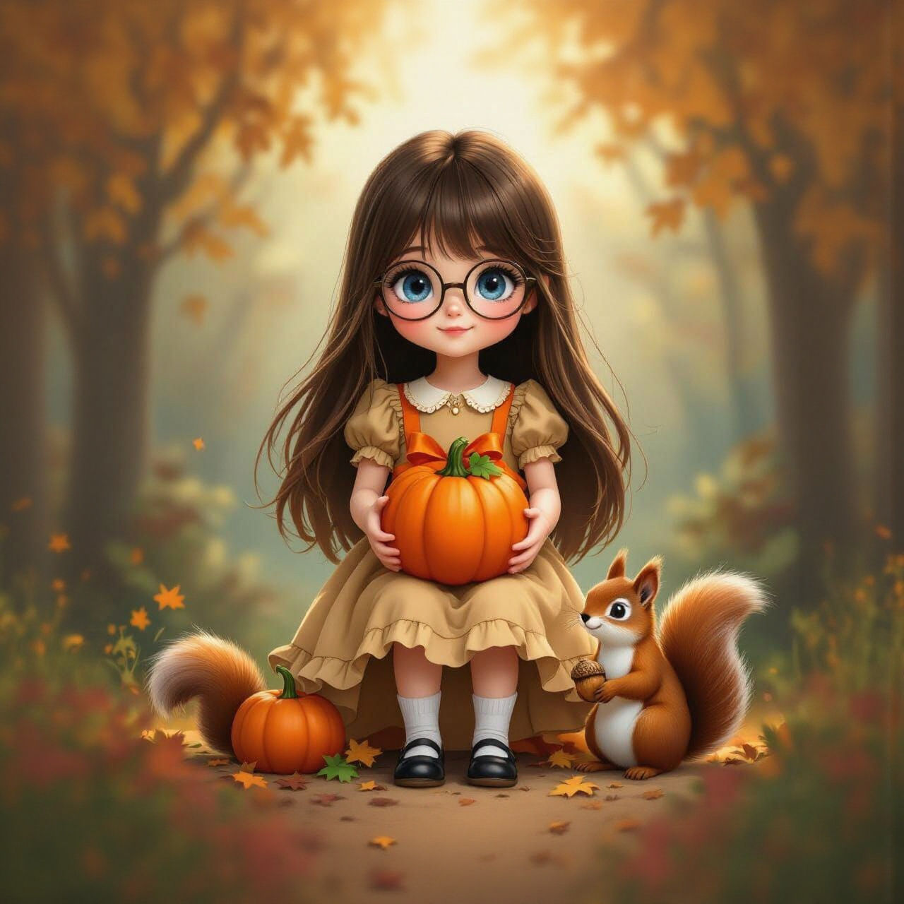 Airbrushed Girl with Pumpkin and Squirrel in Autumn