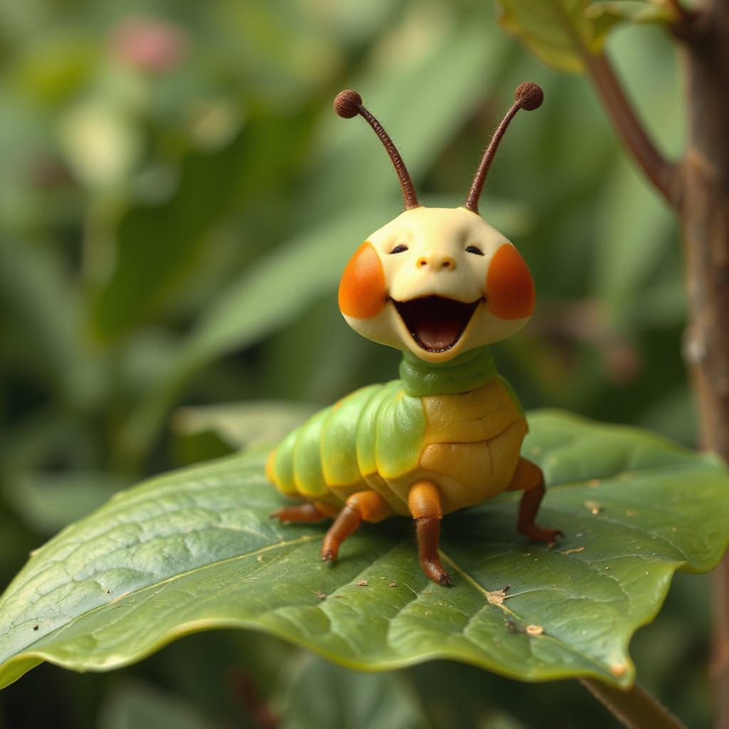 A cute excited anthropomorphic caterpillar wriggling on a leaf. Maurice Sendak