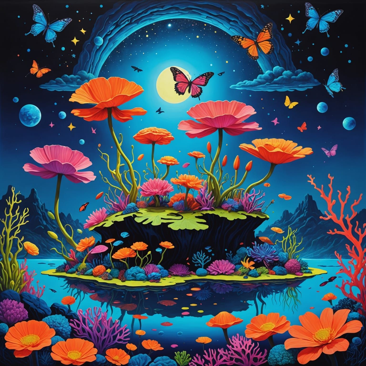 Surreal Floating Islands with Giant Flowers in Blacklight