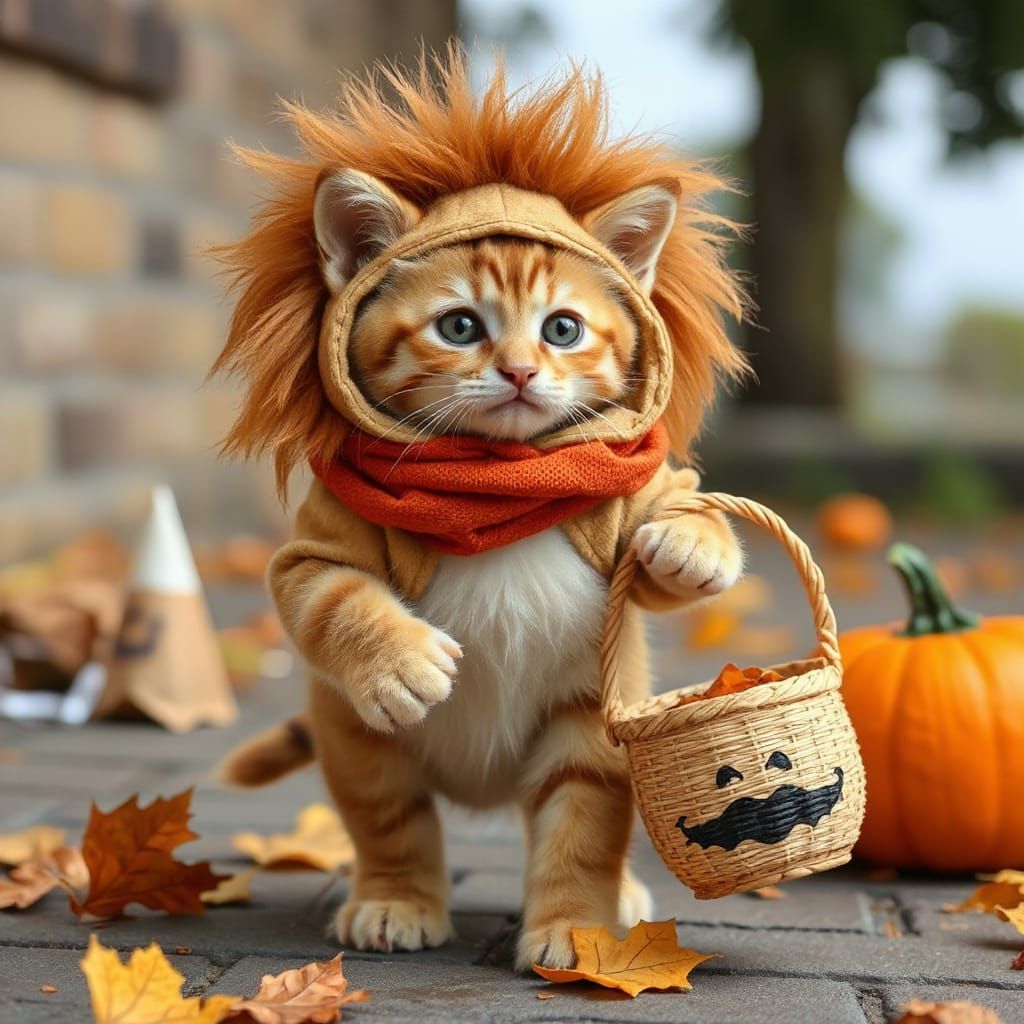 Cute Kitten Dressed as Lion Trick-or-Treating