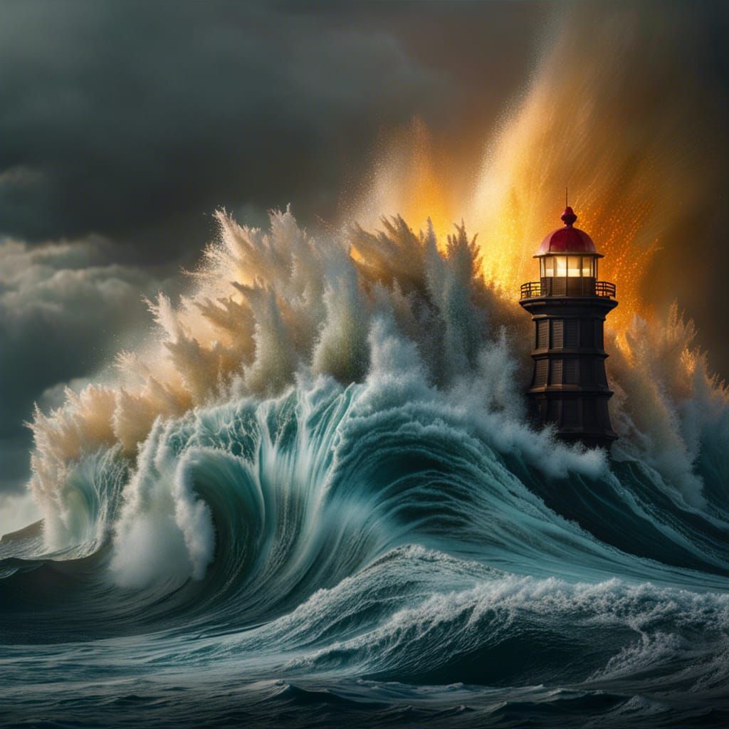 Hyperrealistic Atlantic Storm Crashing Over Lighthouse