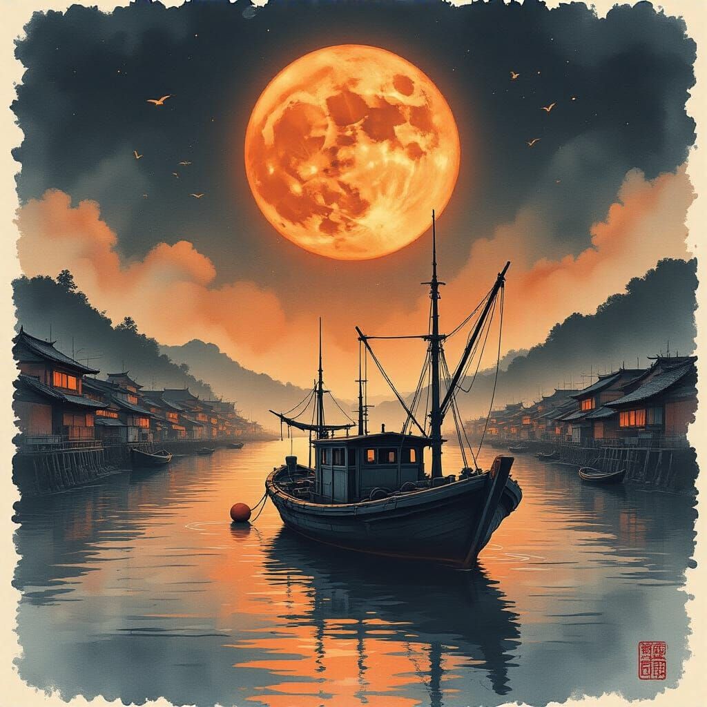 Vaporwave Orange Moon Over Harbour Fishing Boat in Watercolo...