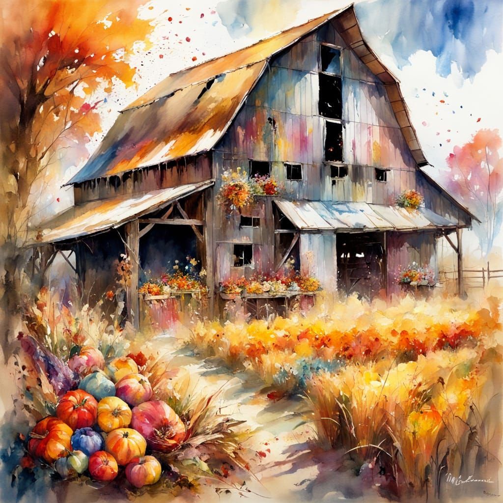 Vibrant Autumn Barn in Sun-Drenched Landscape