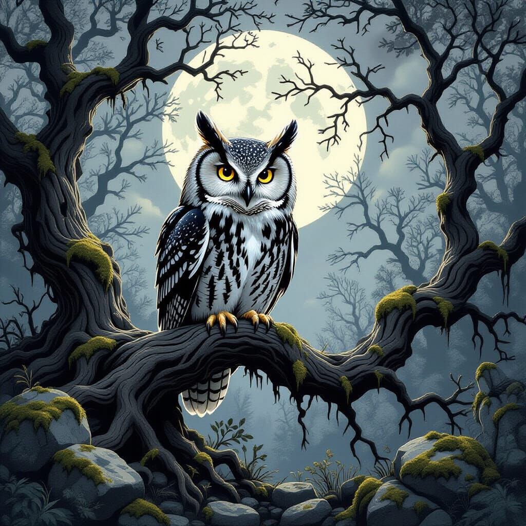 Wise Owl in Moonlit Forest: Digital Illustration