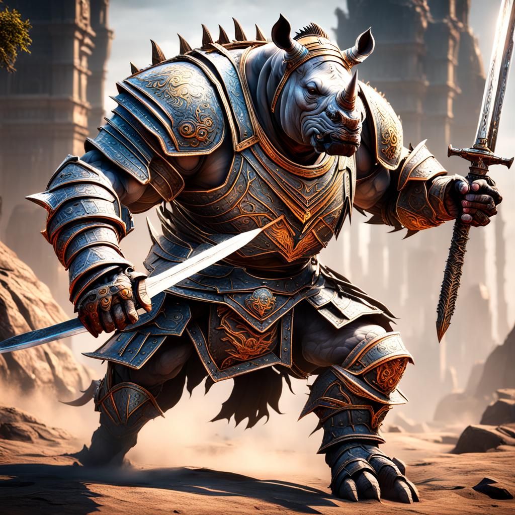 Muscular Rhino Warrior Charging in Heavy Armor
