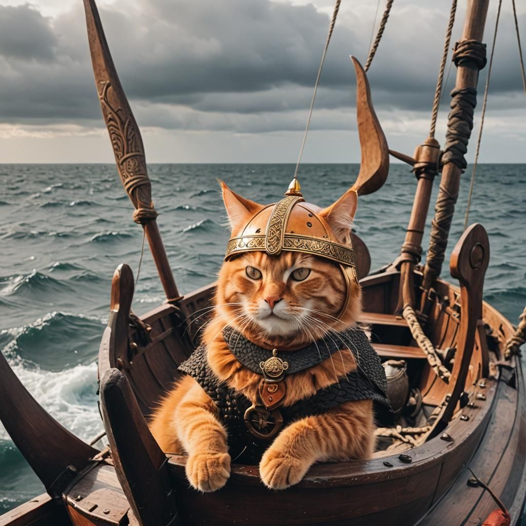 Orange Viking Cat on Longboat at Sea