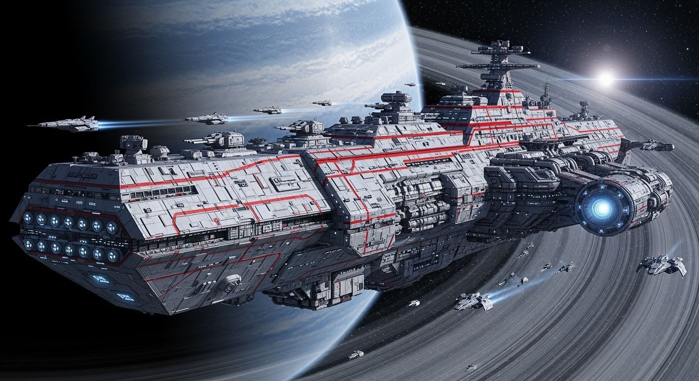 Colossal Spaceship Over Ringed Planet in Futuristic Style