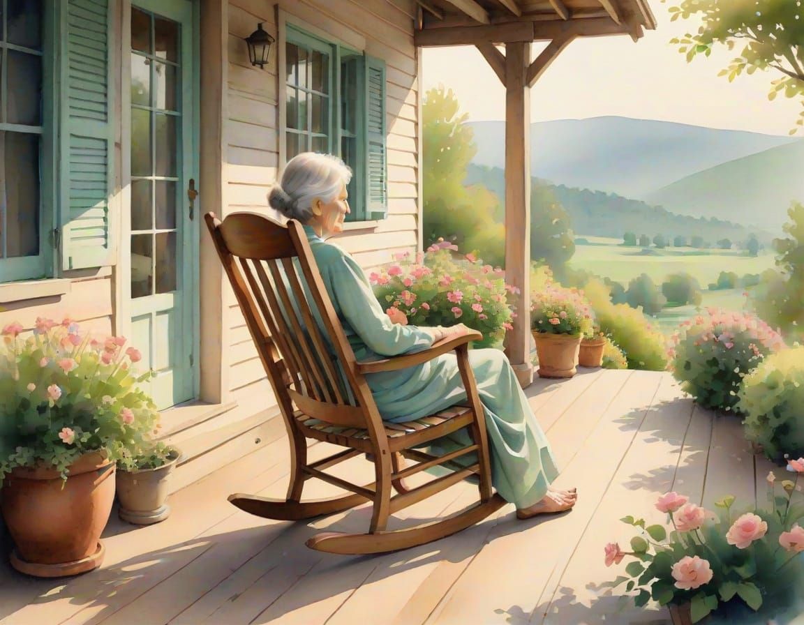 Watercolor Painting of Grandmother on Quiet Porch