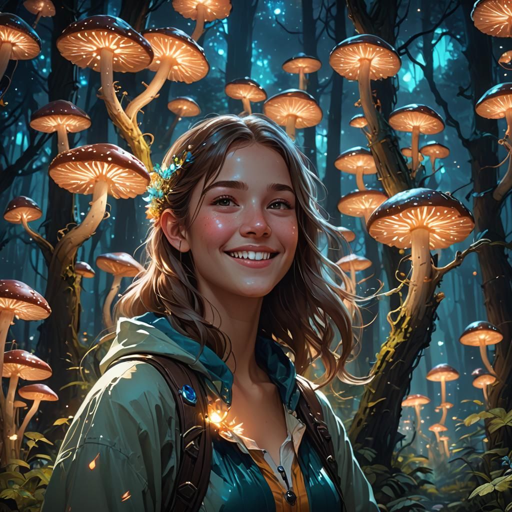 Smiling Girl in Bioluminescent Mushroom Forest