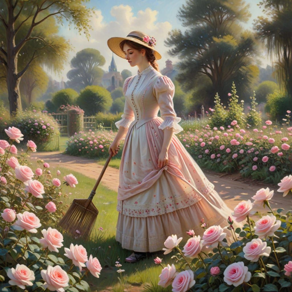 Victorian Lady Tends to Blooming Garden in Soft Impressionis...