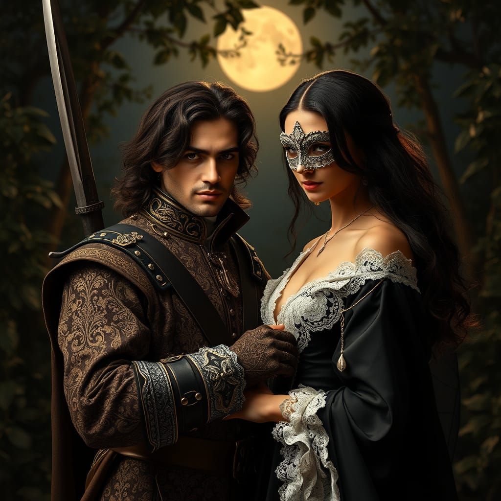 Musketeer Guarding Lady in Moonlit Renaissance Garden