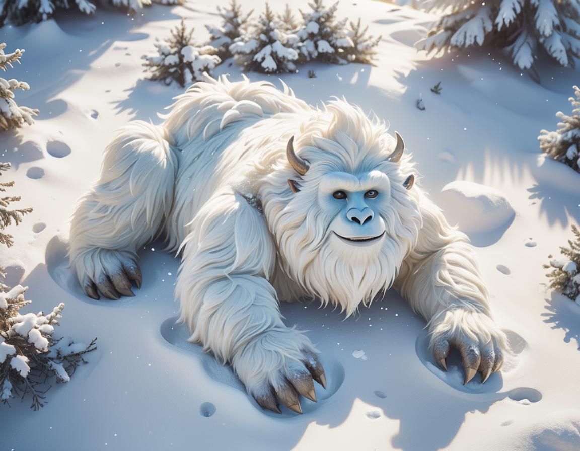 Yeti Sunbathing in Snow: Whimsical Illustration