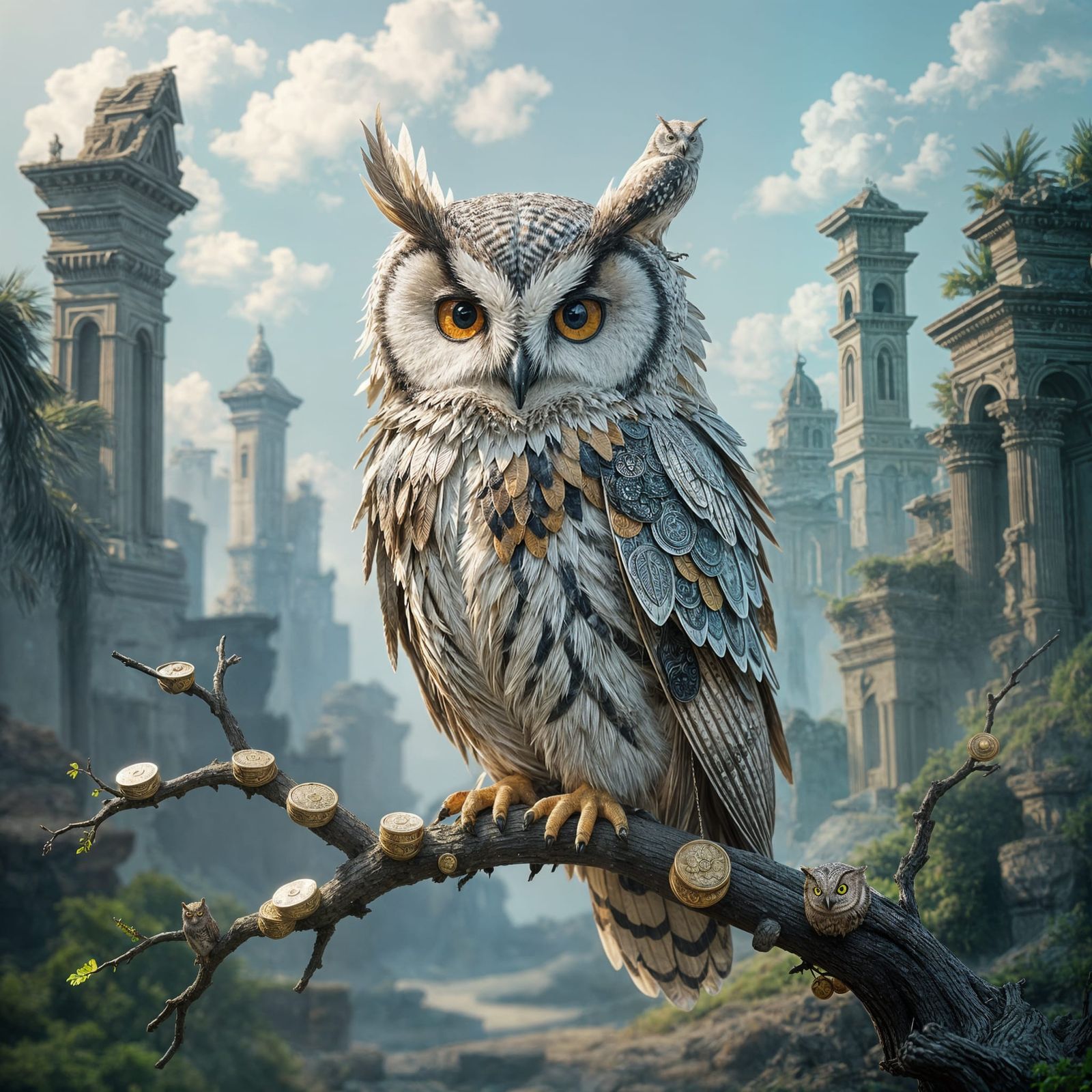Owl of Paper Money and Coins in Surreal Landscape