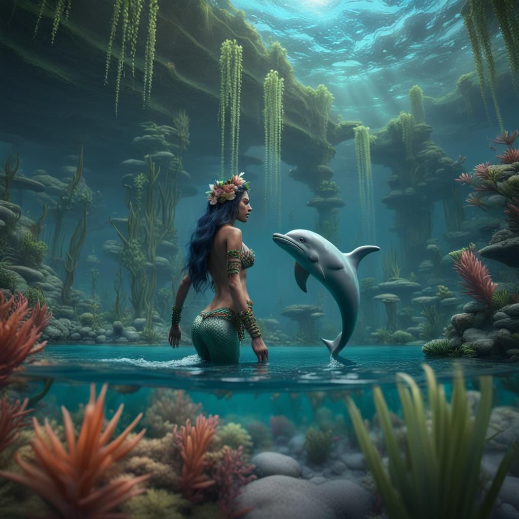 Mermaid and Dolphin in Mayan Jungle Lagoon
