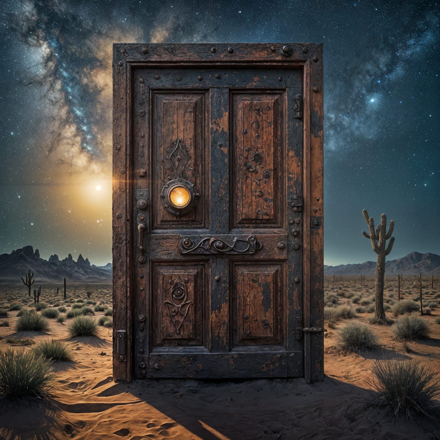 Surreal Desert Door Under Starry Night Sky