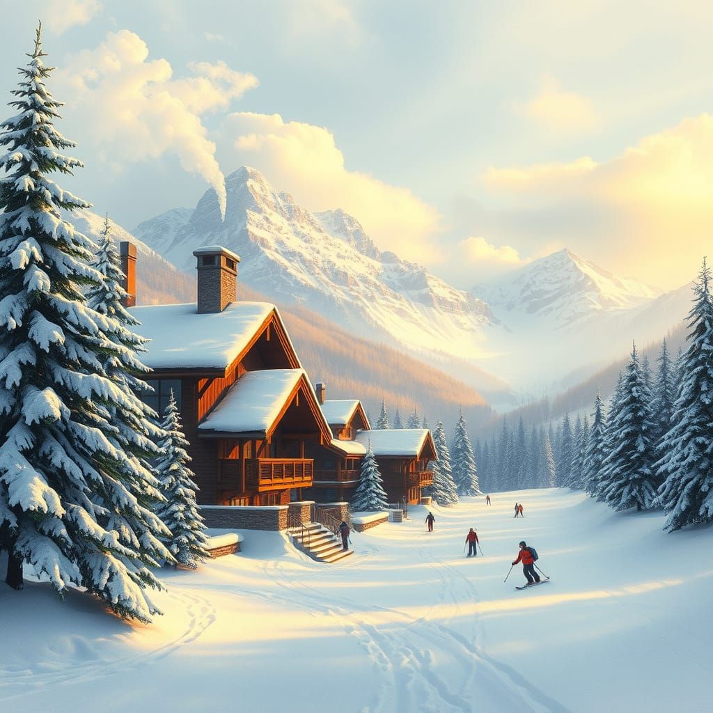 Winter Serenity at a Cozy Mountain Chalet in Impressionist S...