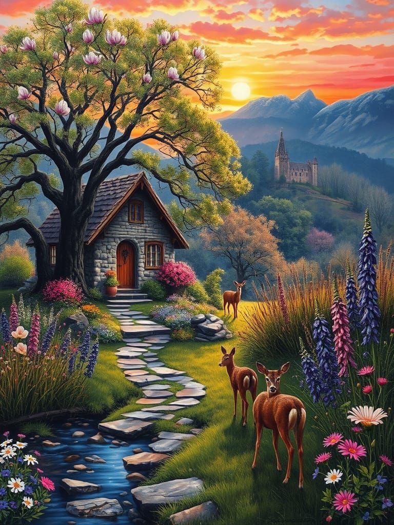 Isolated Rock Cottage in Vibrant Spring Bloom