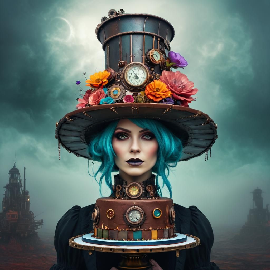 Steampunk Lady With Cake Hat on Alien Planet