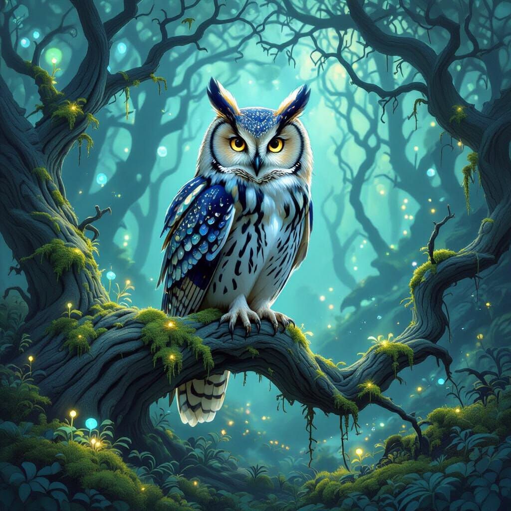 Bioluminescent Forest Owl with Iridescent Feathers