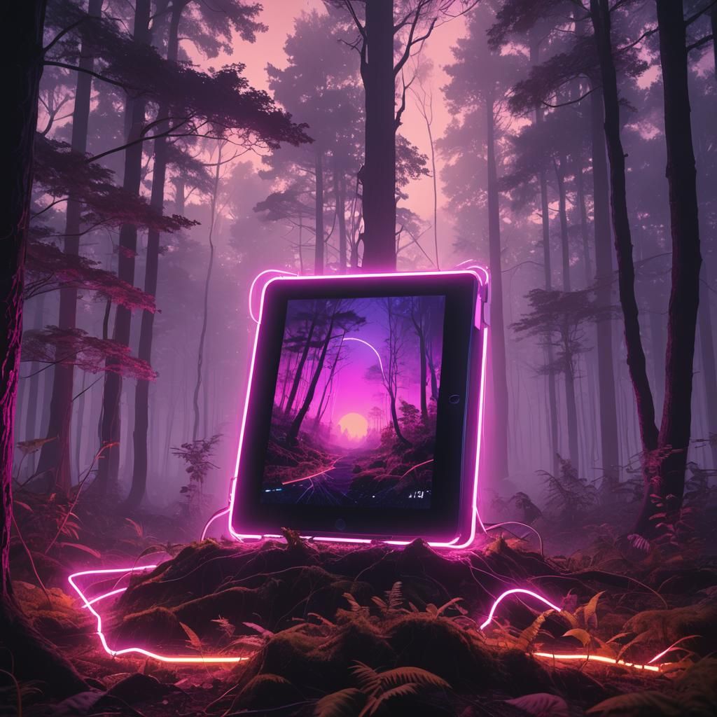 Synthwave iPad Rises in Neon Forest