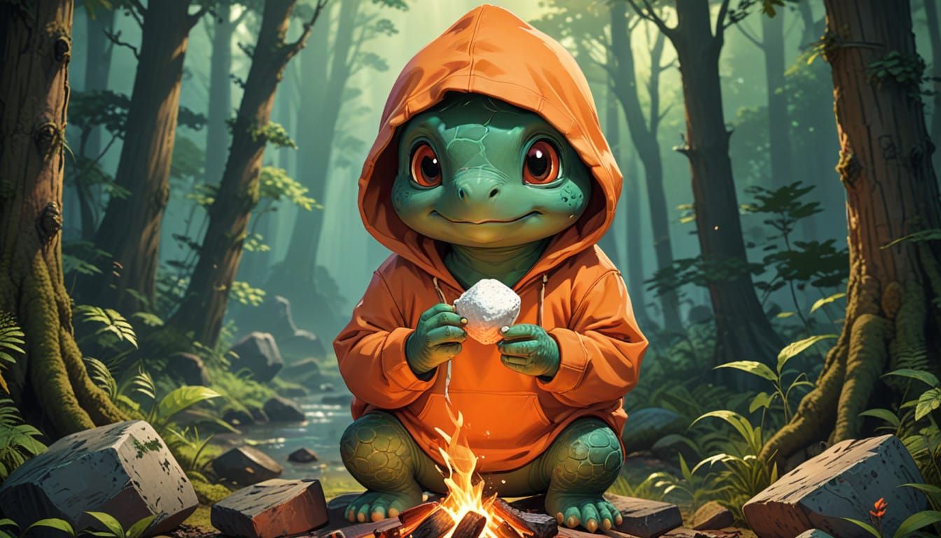 Turtle Chef Sizzles Marshmallow over Campfire in Vibrant For...