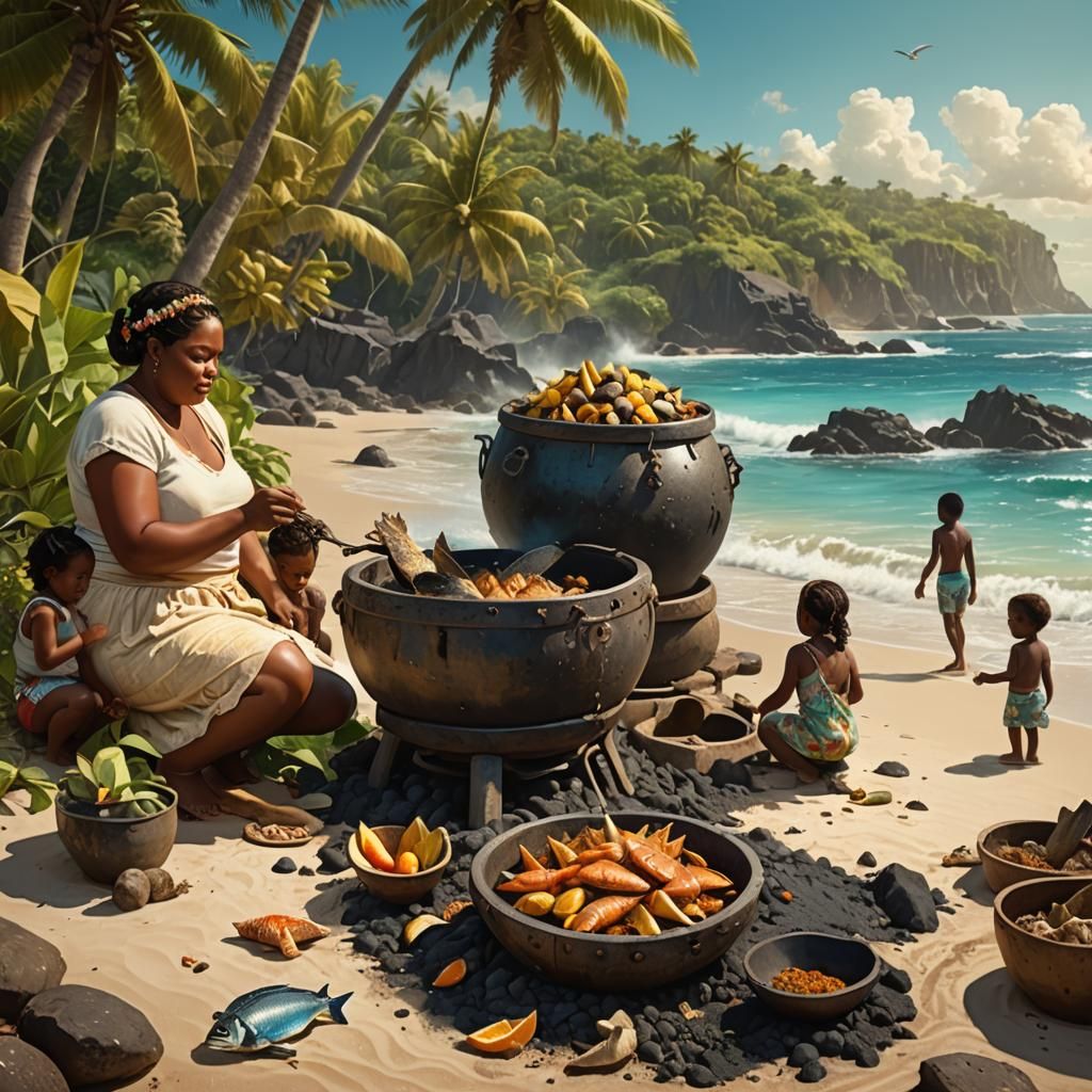 Caribbean Beach Scene: Mother Roasting Fish, Fantasy Art