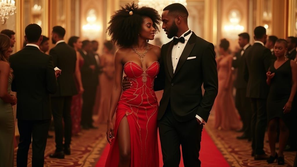 Confident Afro Woman in Red Evening Gown, Beside Handsome Pa...