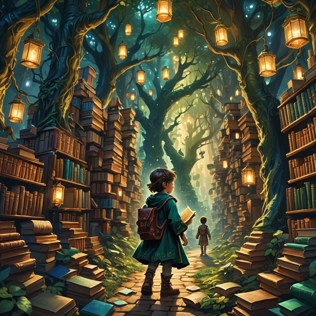Child in Book Forest: Fantasy Matte Painting