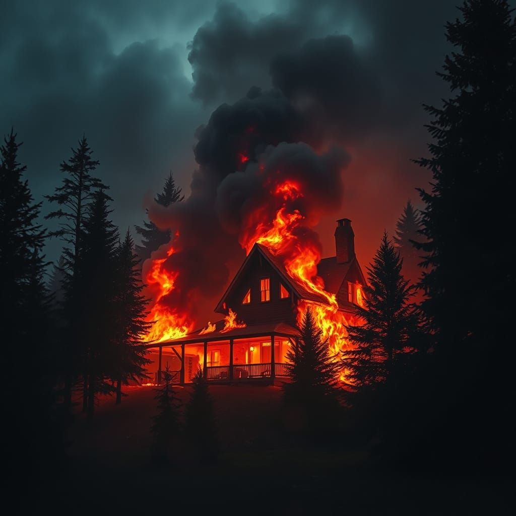 Burning House in Forest, Dystopian Ambiance