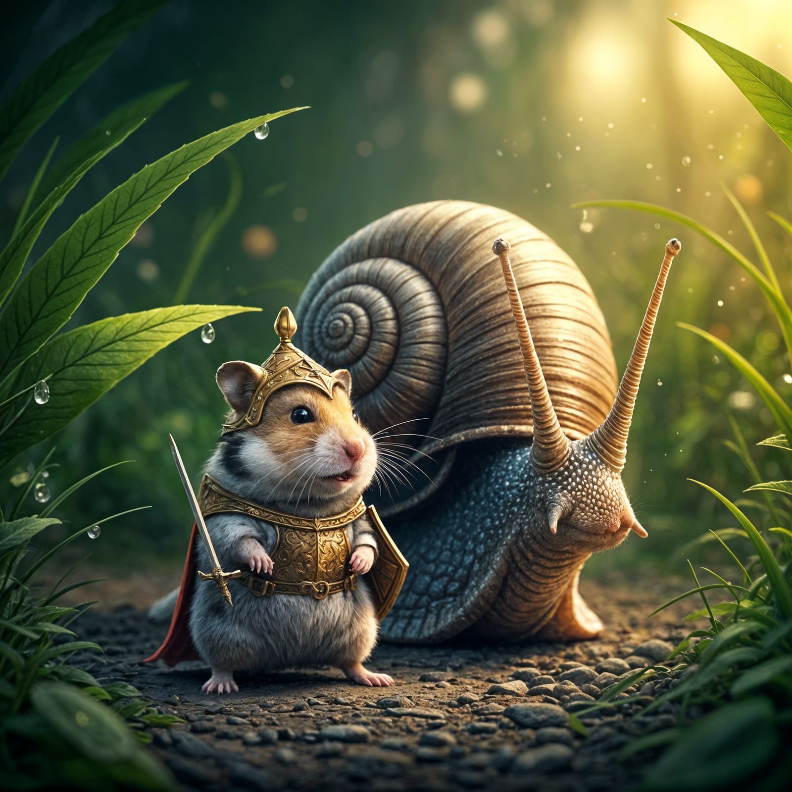 Tiny Knight Confronts Confused Snail in Enchanted Garden