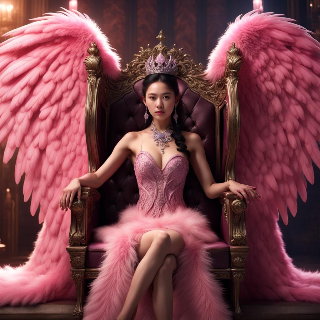 Winged Woman on Fur Throne: Detailed Matte Painting