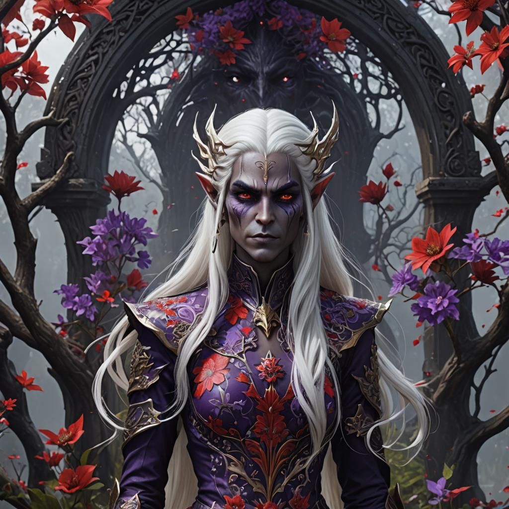Dark Elf in Red Floral Suit: Fantasy Art
