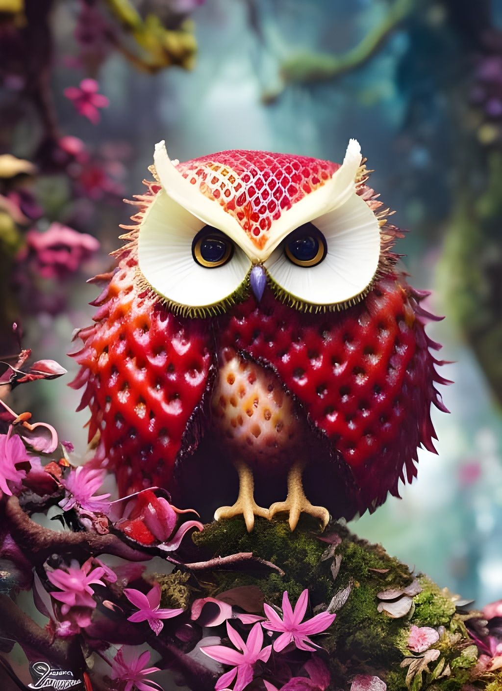 Chibi Strawberry Owl in Fantasy Mushroom Forest