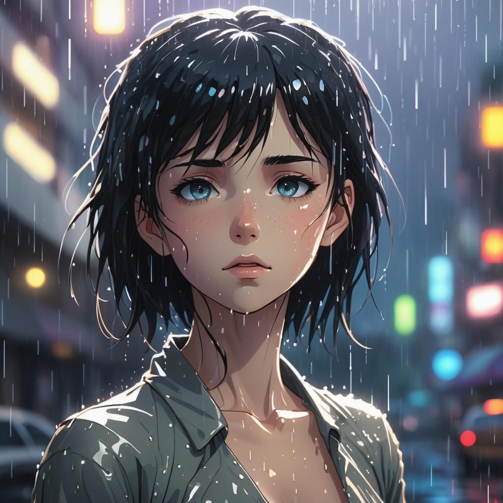 Serene Woman in Rainy Anime Cityscape
