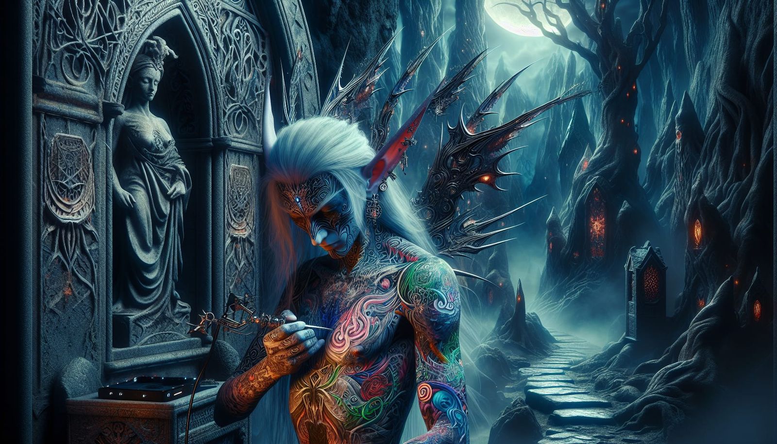 Dark Elf Tattoo Artist in a Gothic Fantasy Scene