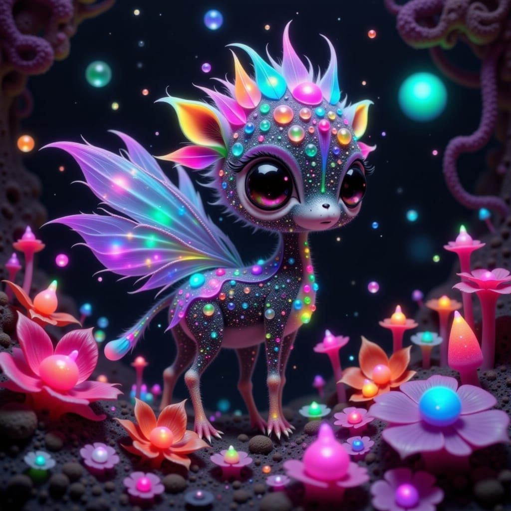 Rainbow Giraffe with Wings in Crystal Cave