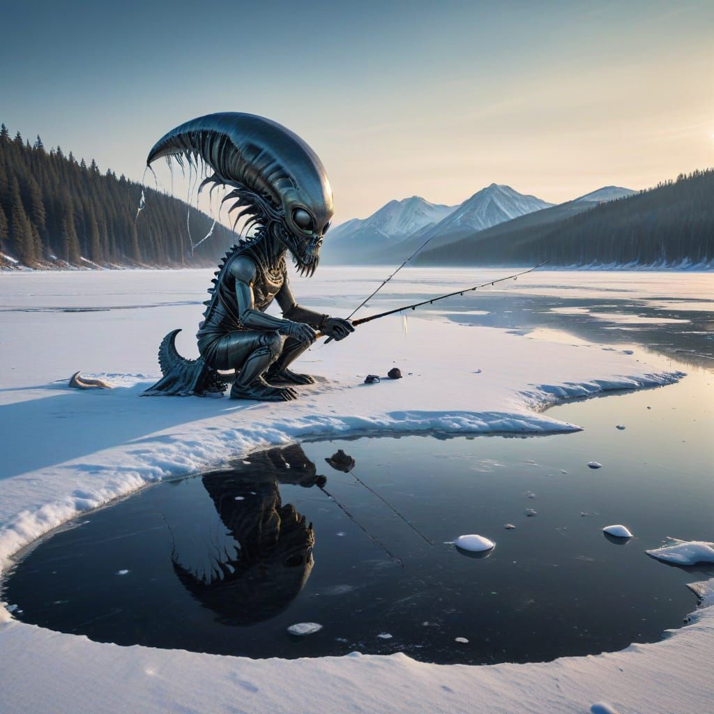 Alien Ice Fisherman on Distant Planet