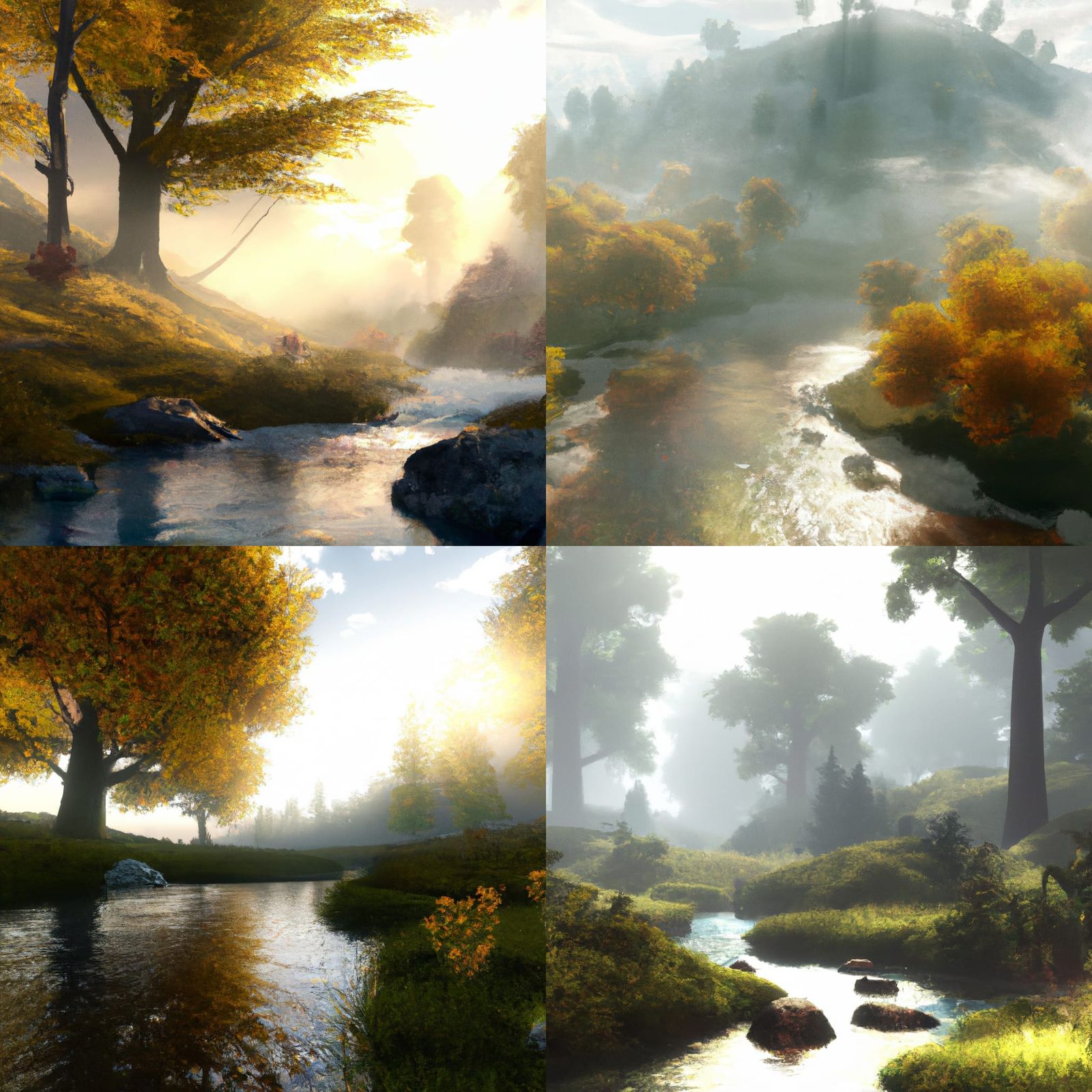 Autumn Forest River in Misty Divine Light