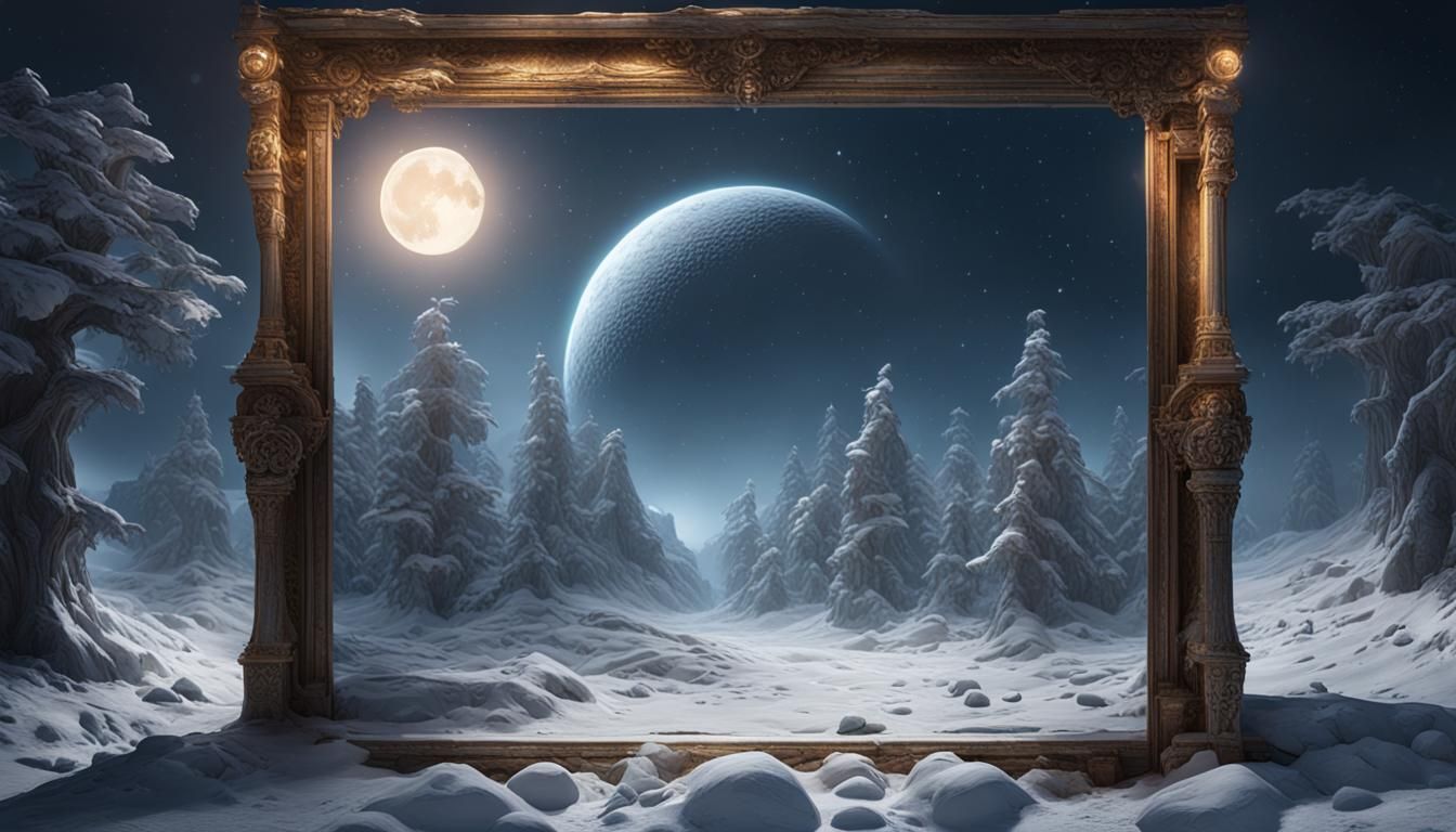 Hyperrealistic Snow Moon Mirrors in Detailed Digital Art