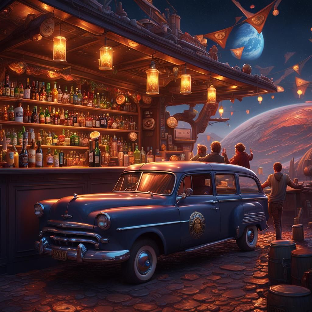 Pop Rock Beer Garden on Saturn with Flying Vehicles