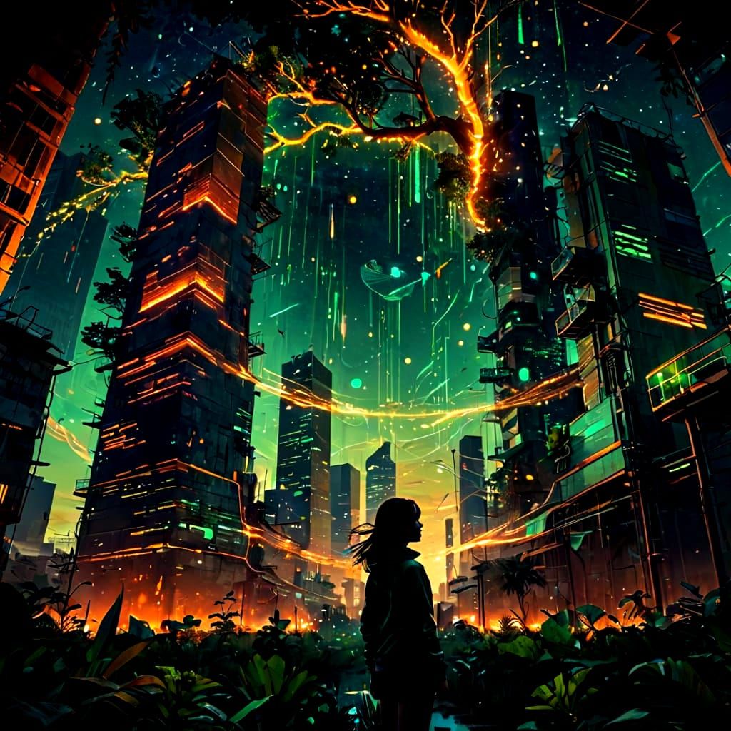 Ethereal Sunset in Cyberpunk Landscape