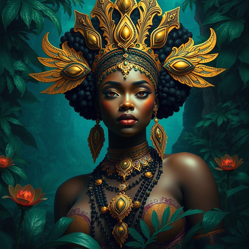 Regal Afrocentric Goddess in Lush Mystical Realm