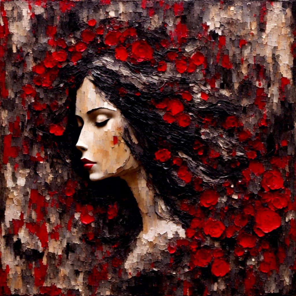 Latina Woman with Spiral Hair in Impasto Collage