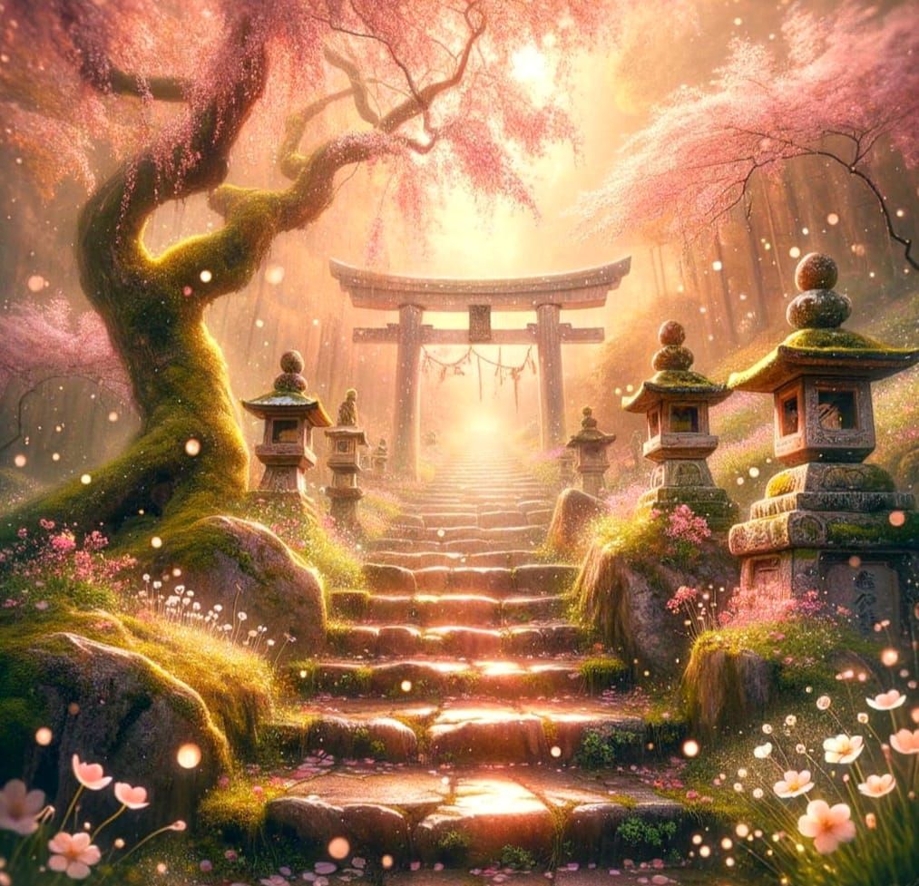 Cherry Blossom Path to Tori Gate, Oil Painting